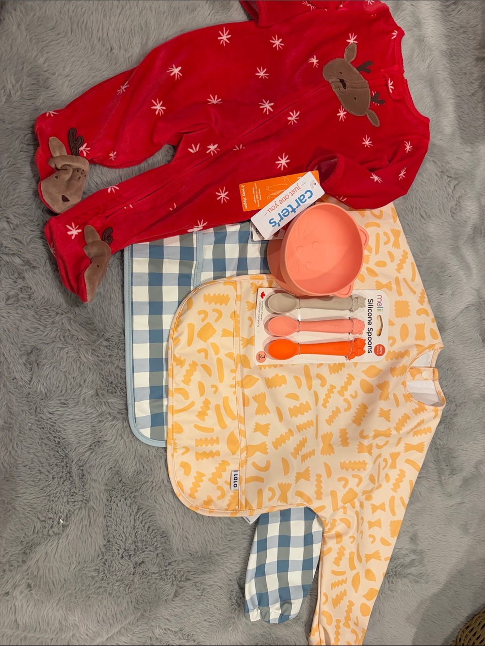 6month baby gift bundle- 2 smocks, bowl, spoon set and holiday reindeer onesie